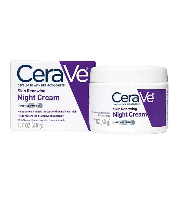 CeraVe Skin Renewing Night Cream jar with blue branding and screw-on lid