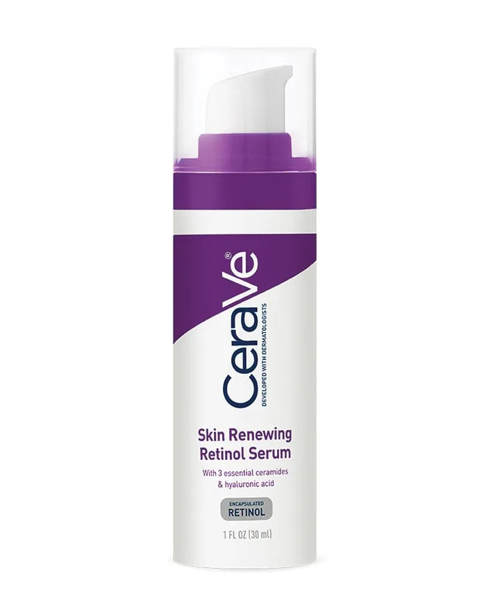 CeraVe Skin Renewing Retinol Serum in a white opaque pump bottle with blue branding