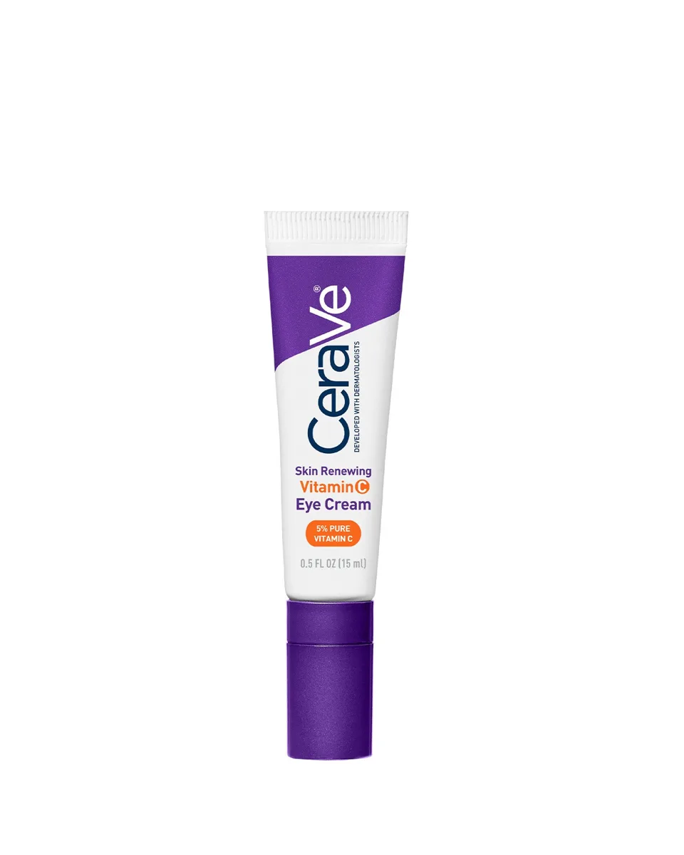 CeraVe Skin Renewing Vitamin C Eye Cream in a white squeeze tube with orange and blue CeraVe branding