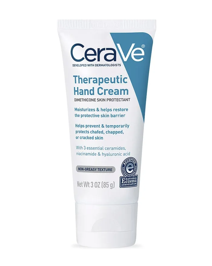 CeraVe Therapeutic Hand Cream tube with teal and blue branding