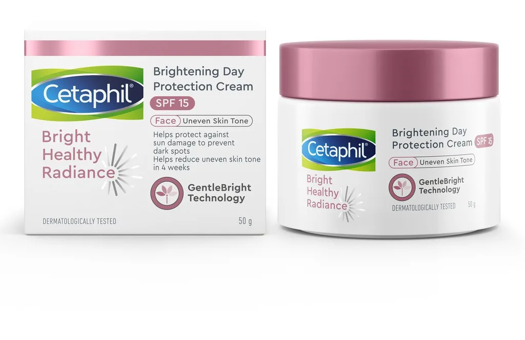 Cetaphil Bright Healthy Radiance Brightening Day Protection Cream SPF 15 jar with white and gold branding