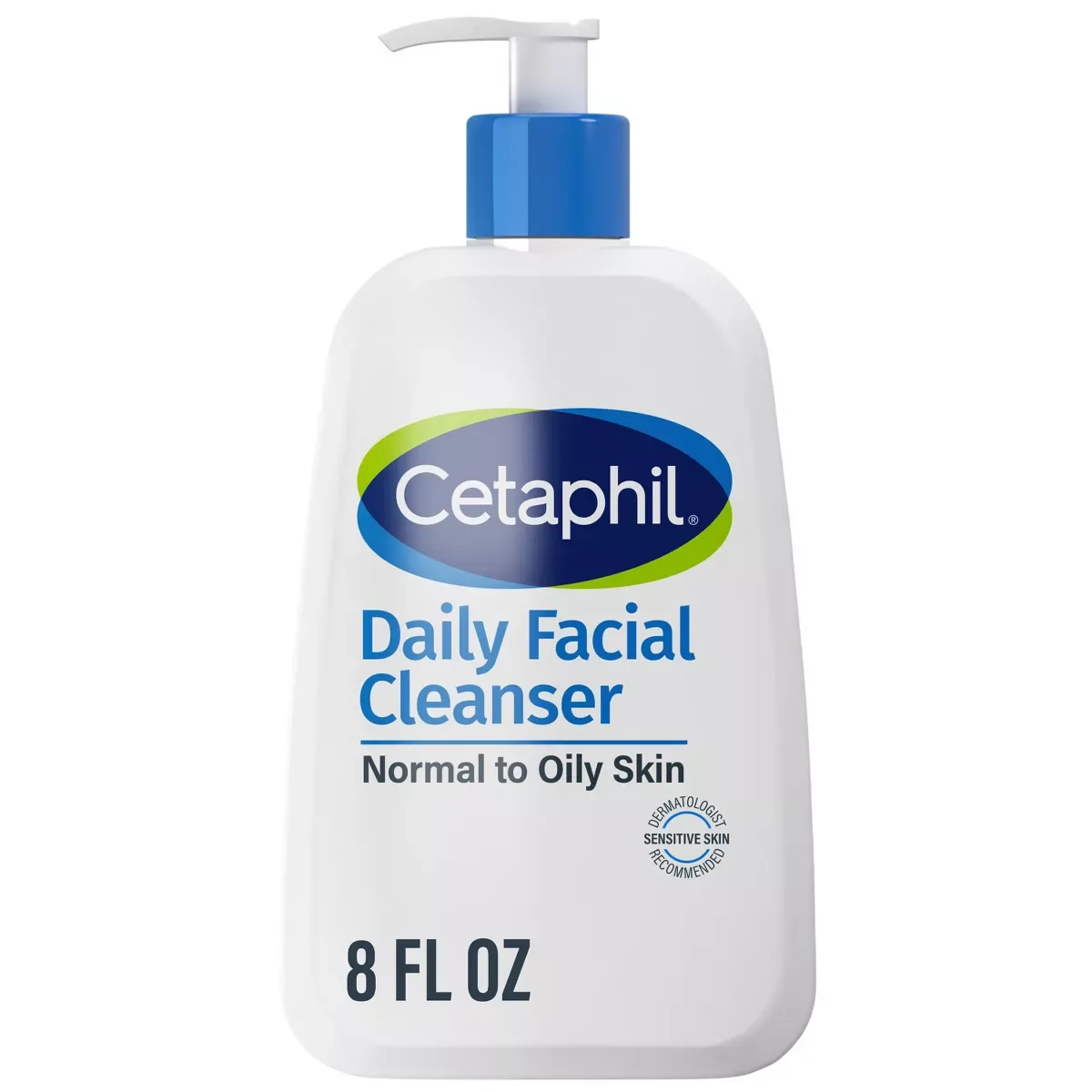 Cetaphil Daily Facial Cleanser in a white bottle with teal cap, 8 fl oz gel cleanser for normal to oily sensitive skin