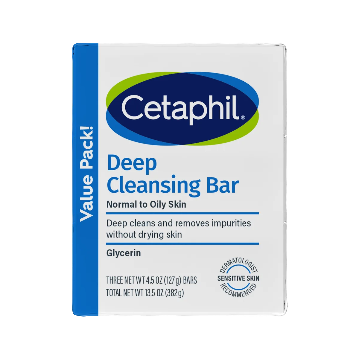 Cetaphil Deep Cleansing Bar, 4.5 oz white syndet cleansing bar in cardboard box for normal to oily sensitive skin