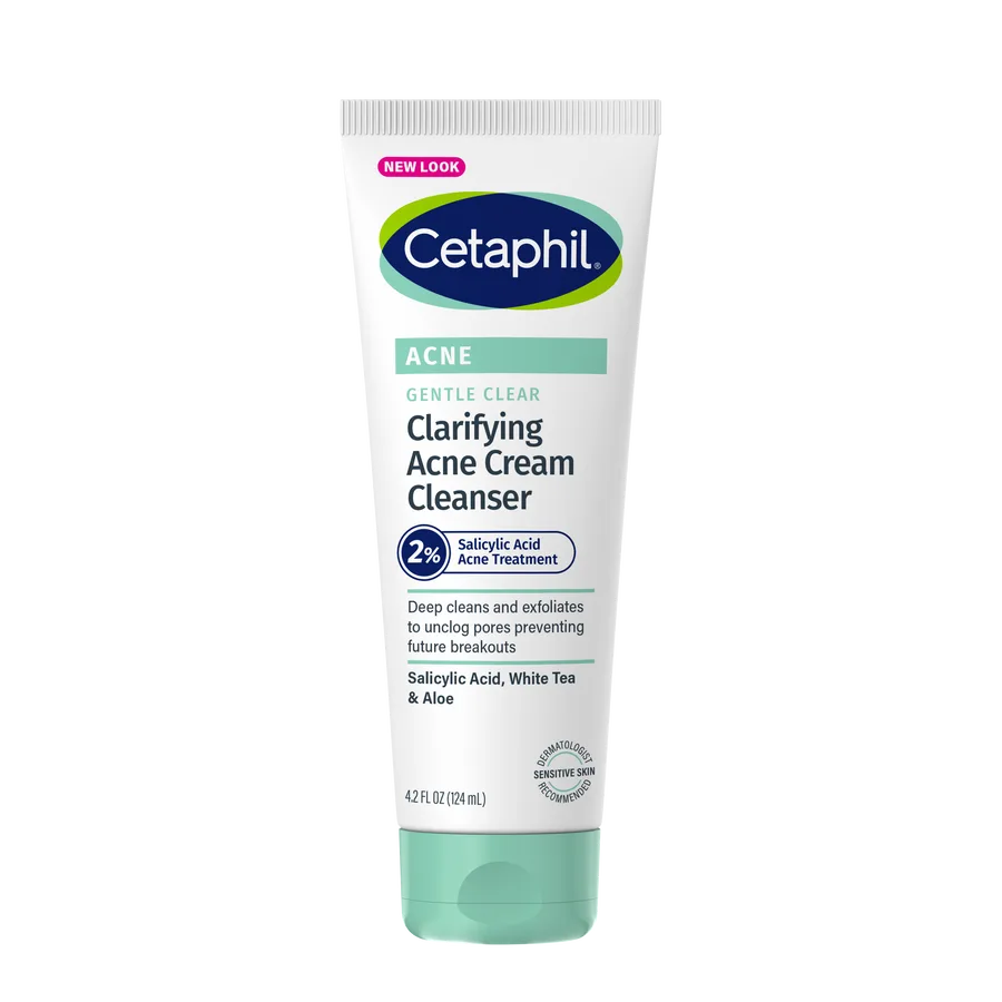 Cetaphil Gentle Clear Clarifying Acne Cream Cleanser in a white tube with green Cetaphil branding