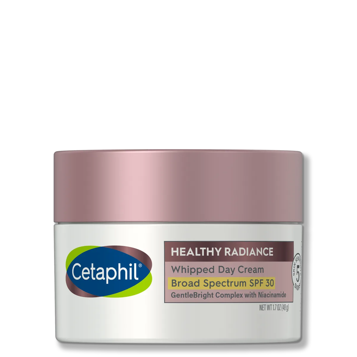 Cetaphil Healthy Radiance Whipped Day Cream SPF 30, 1.7 oz jar with lavender accent packaging for brightening and sun protection