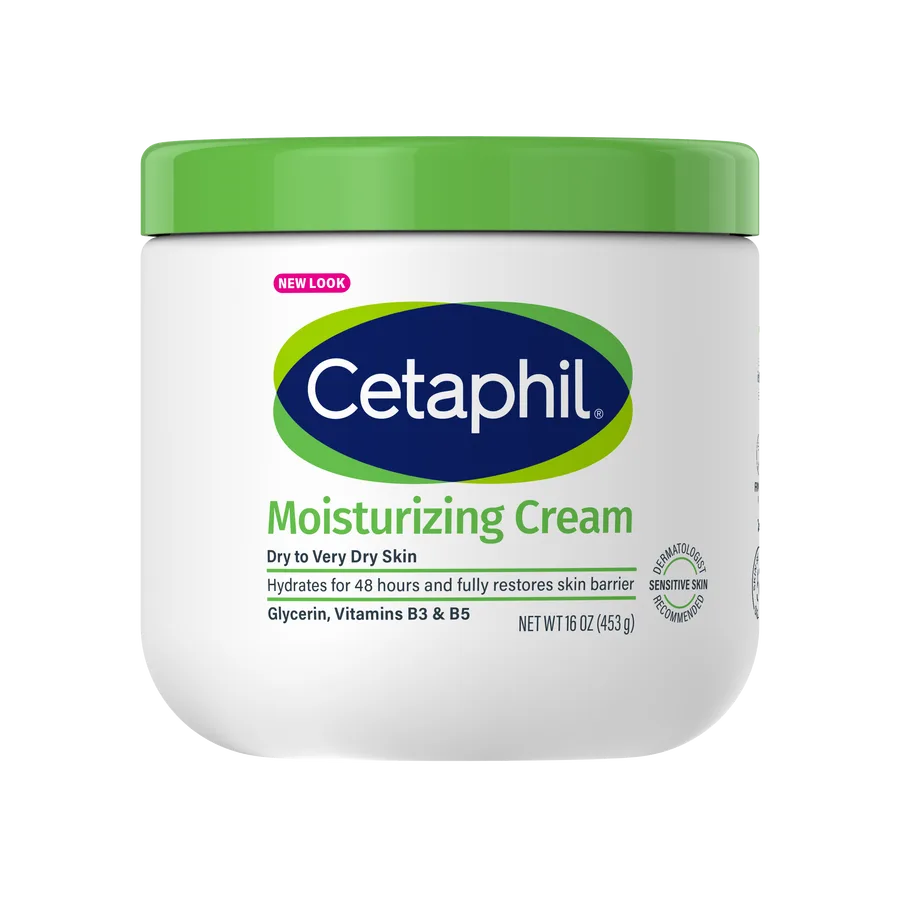 Cetaphil Moisturizing Cream in a large white tub with green Cetaphil branding