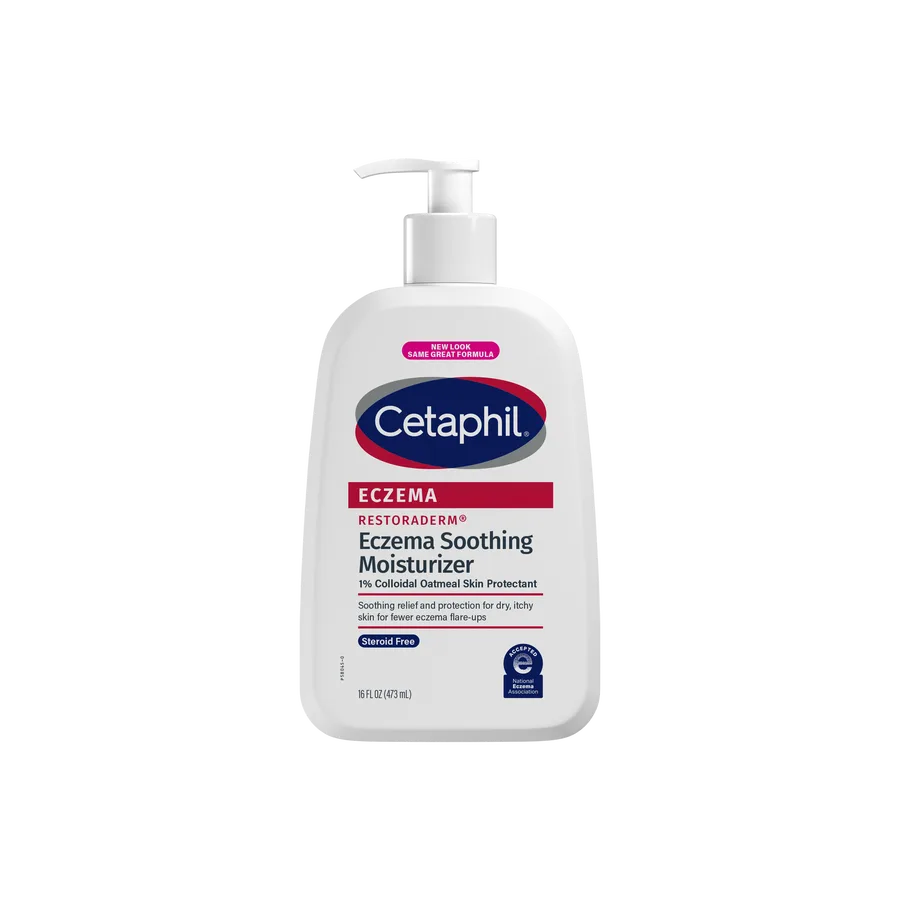 Cetaphil PRO Eczema Soothing Moisturizer in a white pump bottle with green Cetaphil branding and eczema-specific labeling