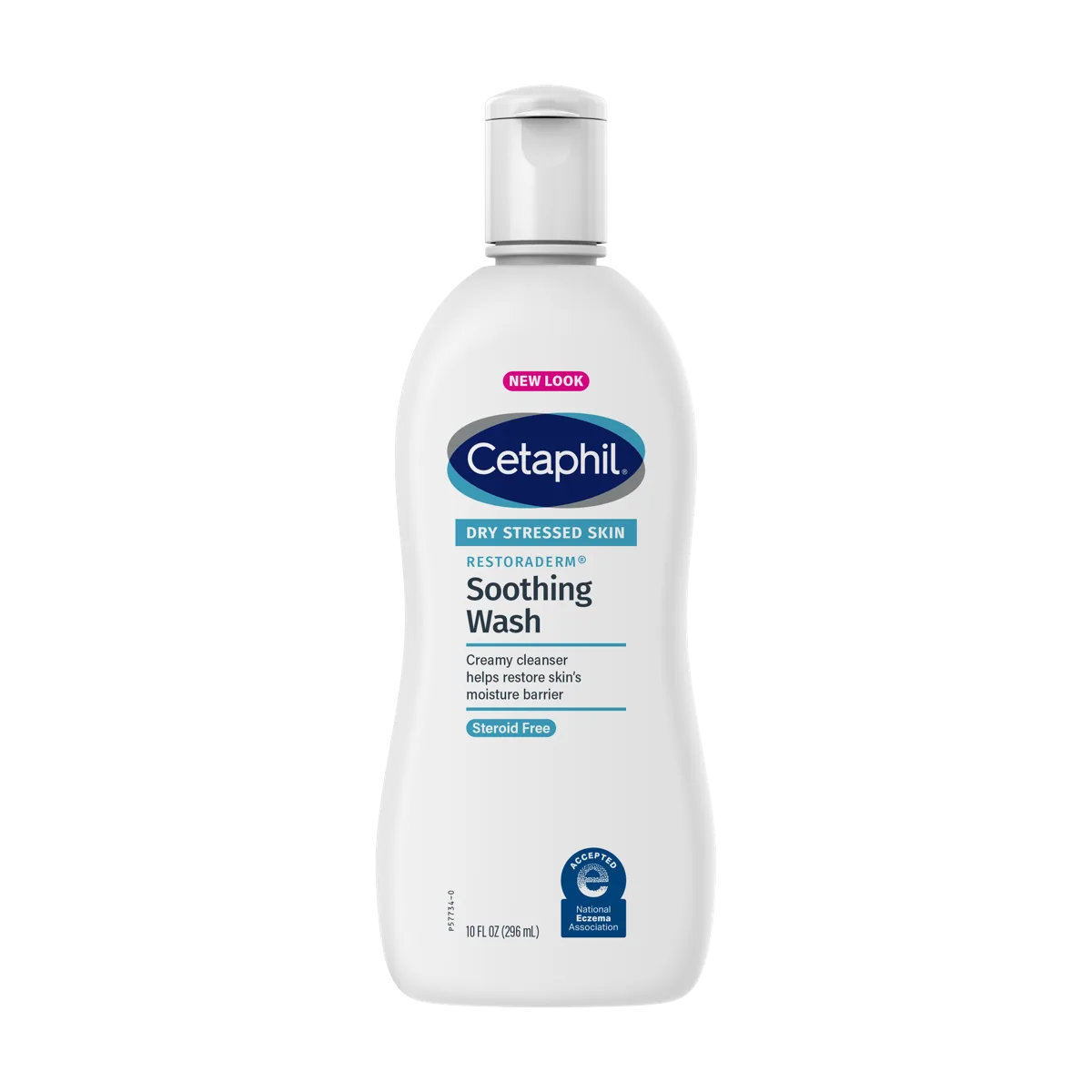 Cetaphil Restoraderm Eczema Calming Body Wash in a white pump bottle with green Cetaphil branding and eczema-specific labeling