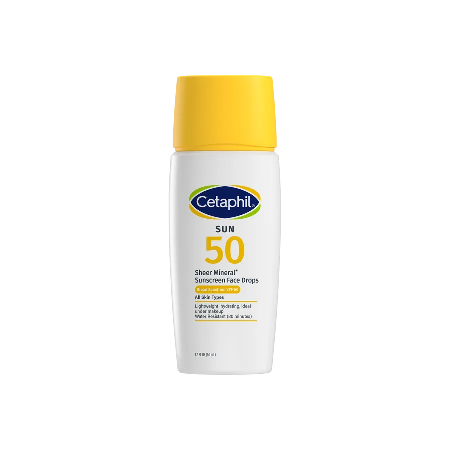 Cetaphil Sheer Mineral Face Liquid Sunscreen SPF 50 in a small bottle with dropper dispenser and blue Cetaphil branding