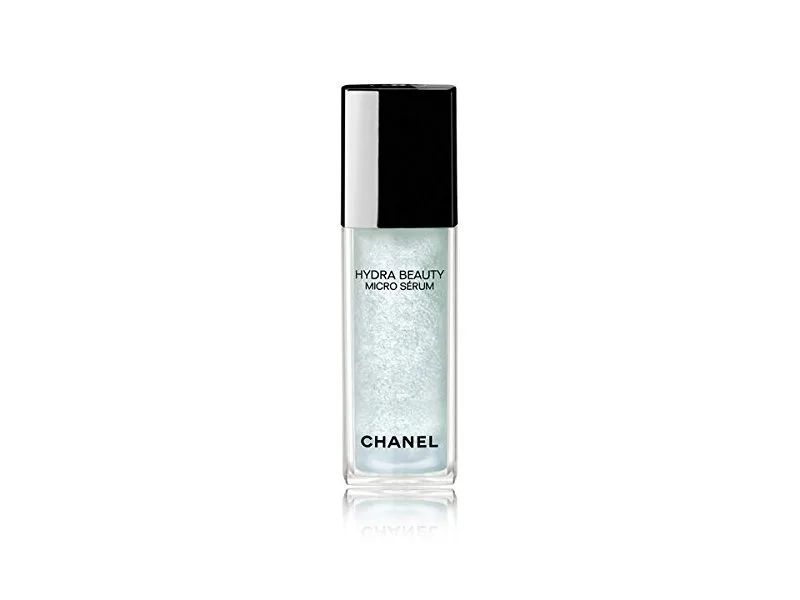 Chanel Hydra Beauty Micro Sérum in frosted blue glass bottle with pump dispenser