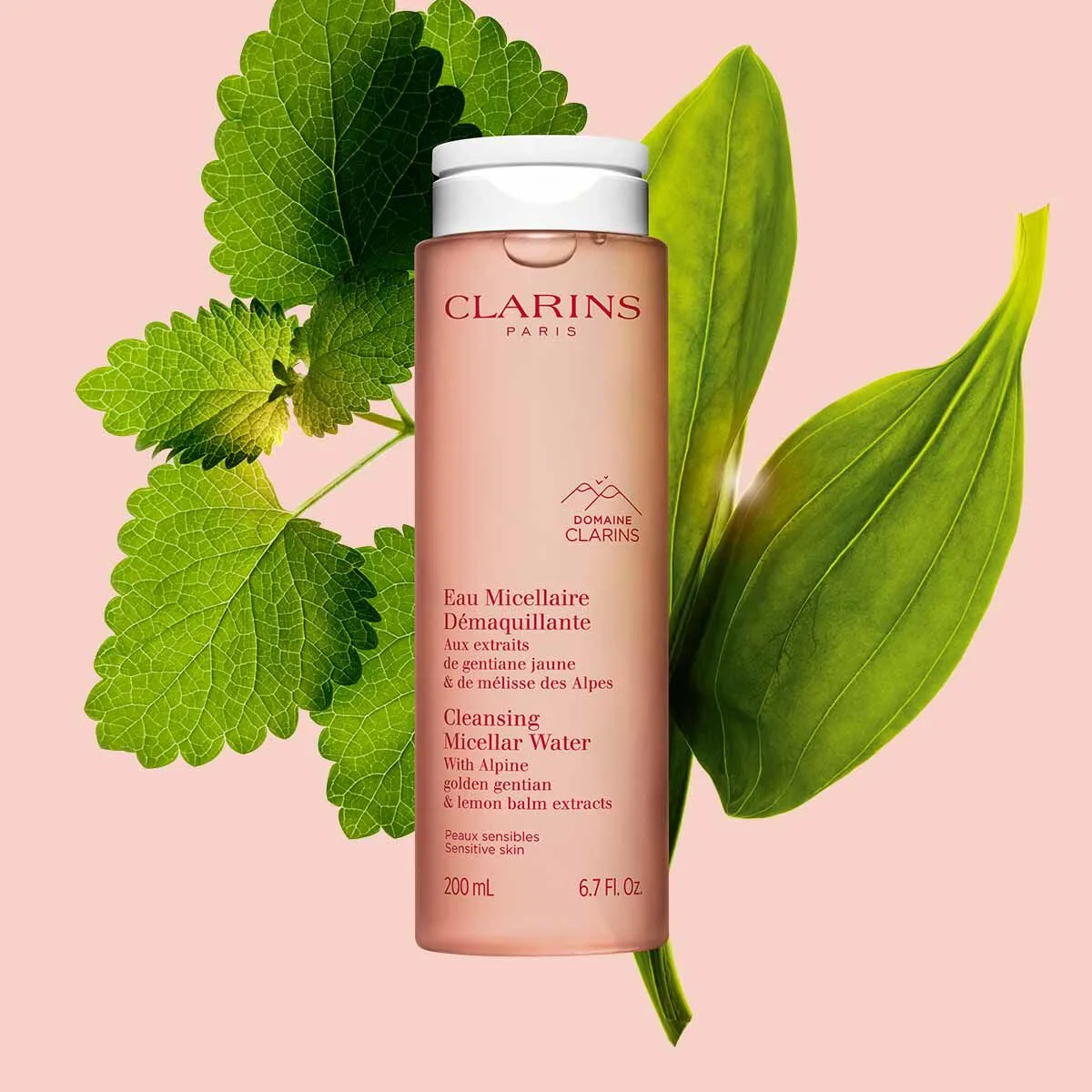Clarins Cleansing Micellar Water in clear plastic bottle with white and red branding