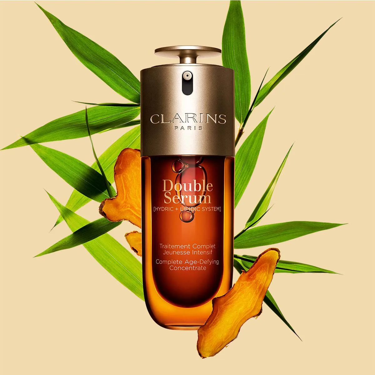 Clarins Double Serum anti-aging concentrate in glass bottle with dual-chamber pump