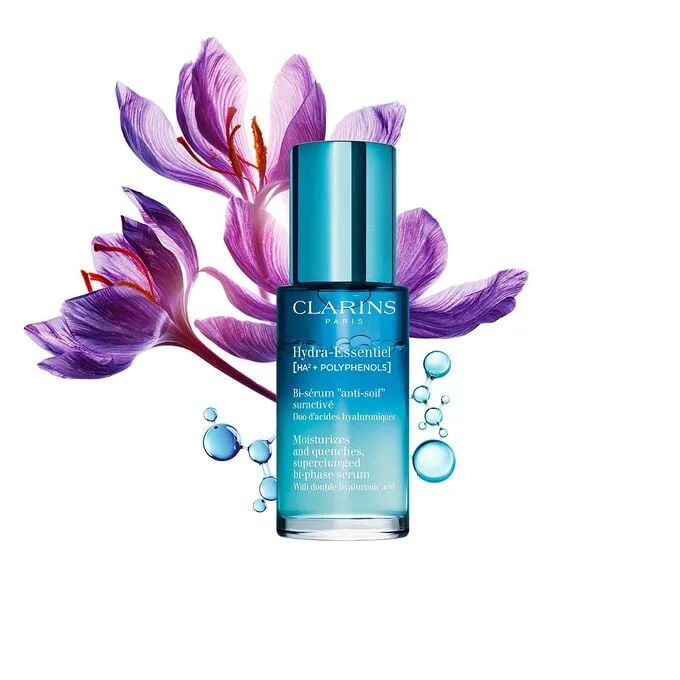Clarins Hydra-Essentiel Bi-Phase Serum bottle showing visible blue water and clear oil phase separation