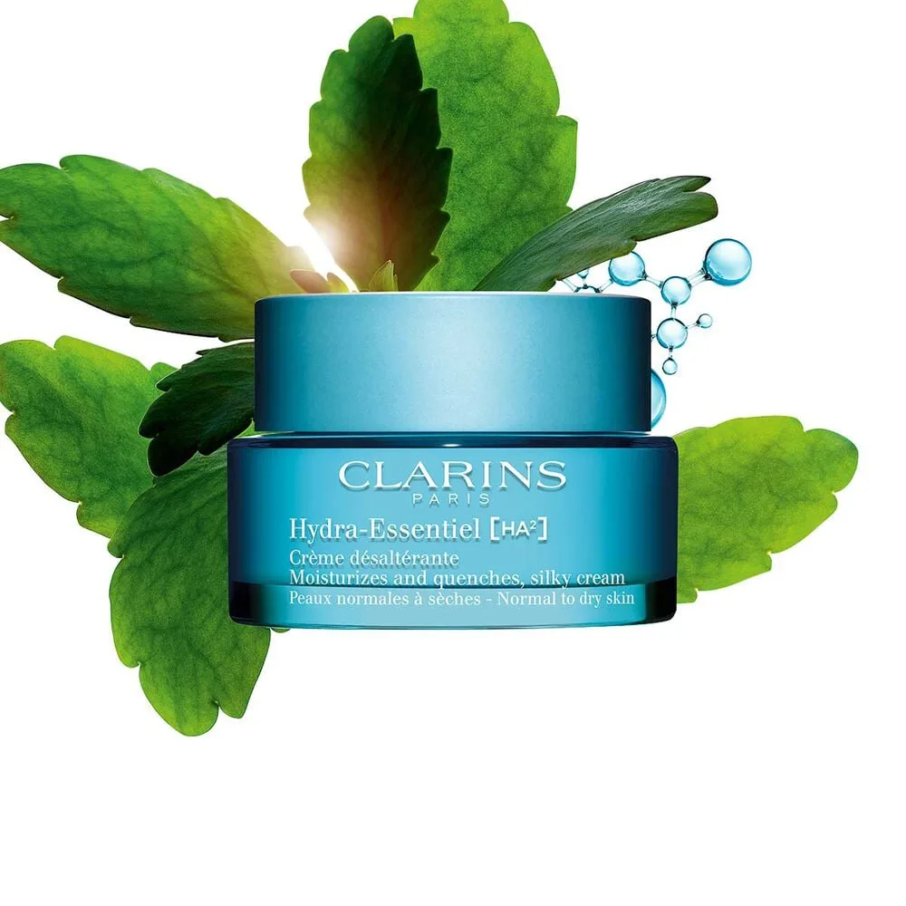 Clarins Hydra-Essentiel Silky Cream in light blue eco-design jar with matte cap