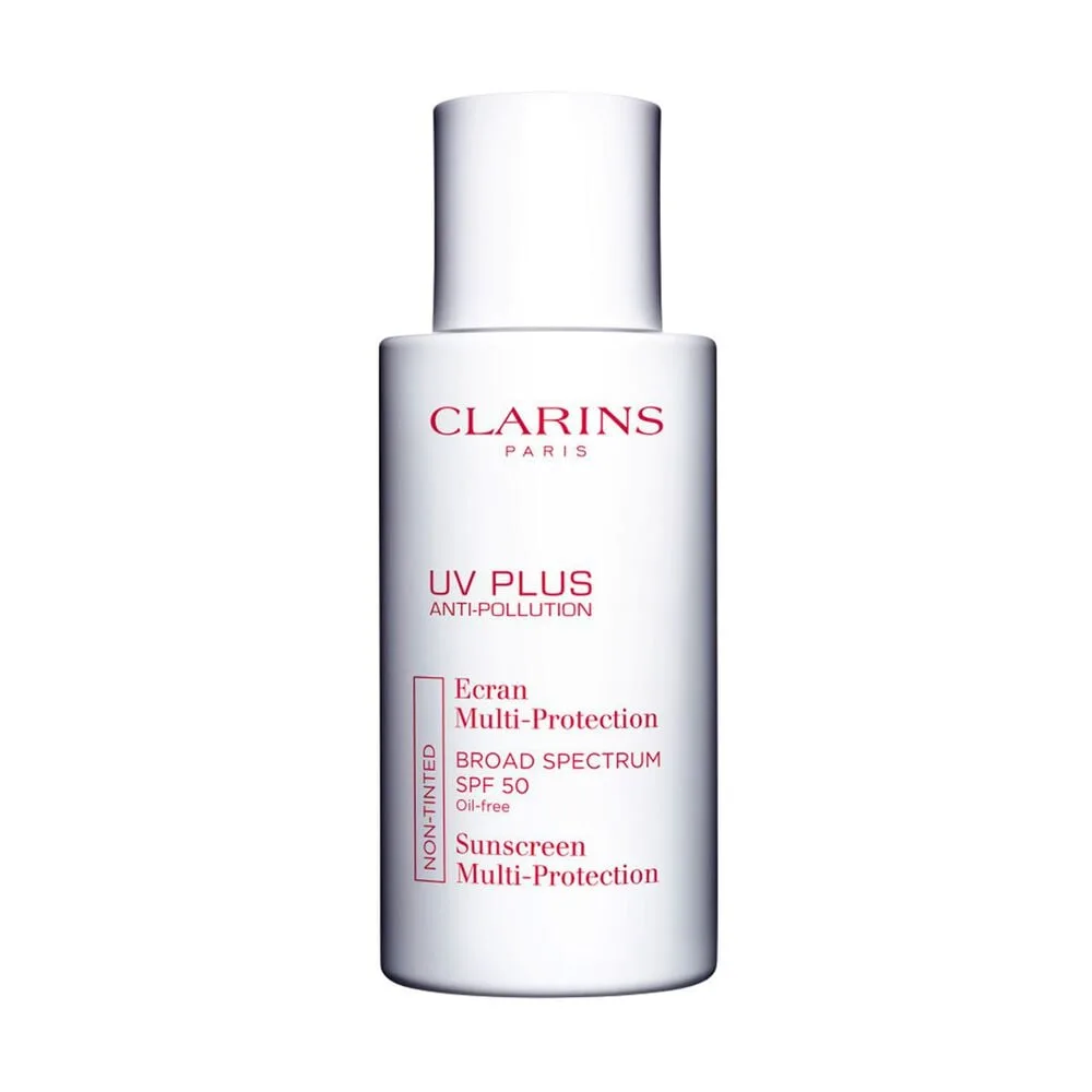 Clarins UV Plus Anti-Pollution Sunscreen Multi-Protection SPF 50 in white squeeze tube packaging