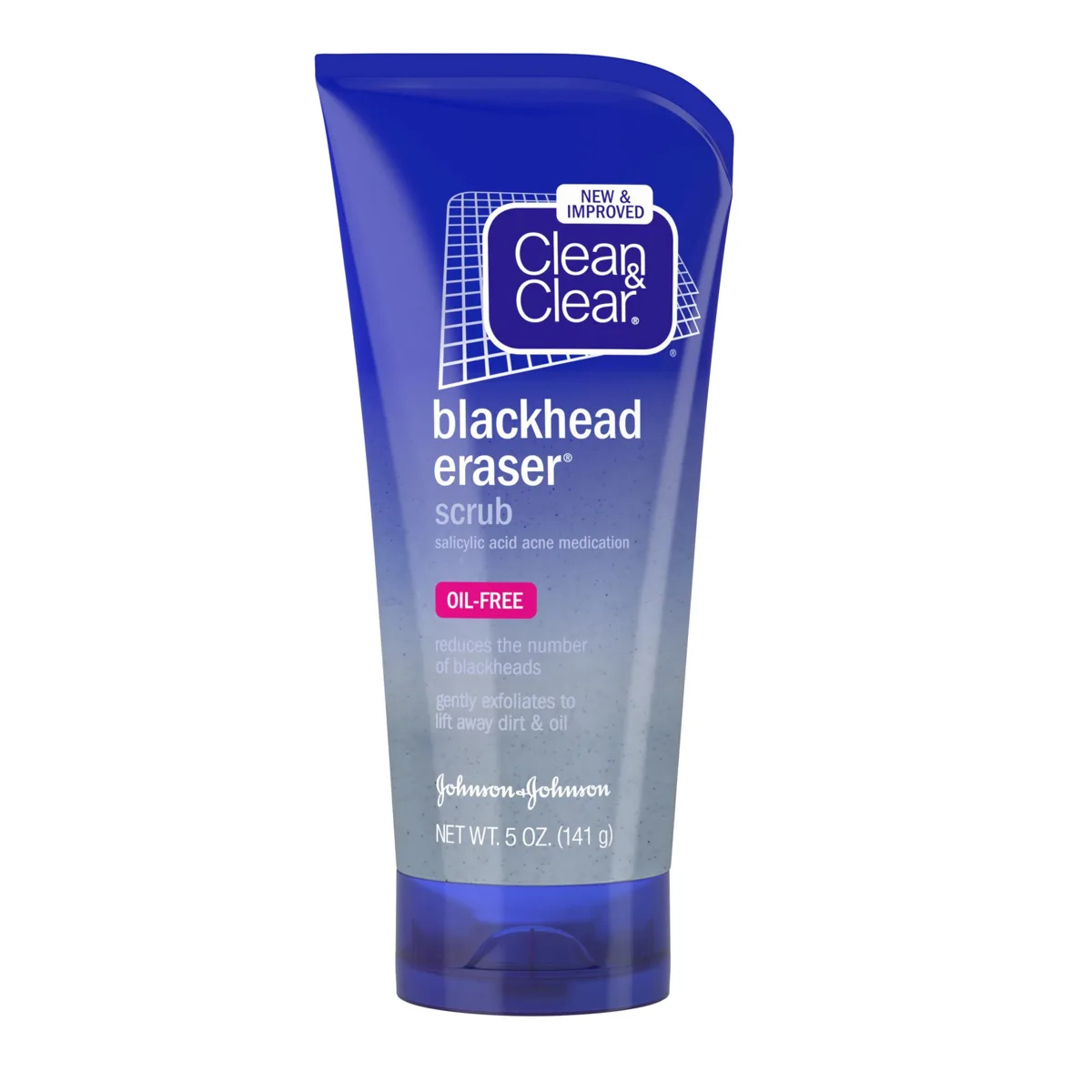 Clean & Clear Blackhead Eraser Facial Scrub squeeze tube with blue and white packaging