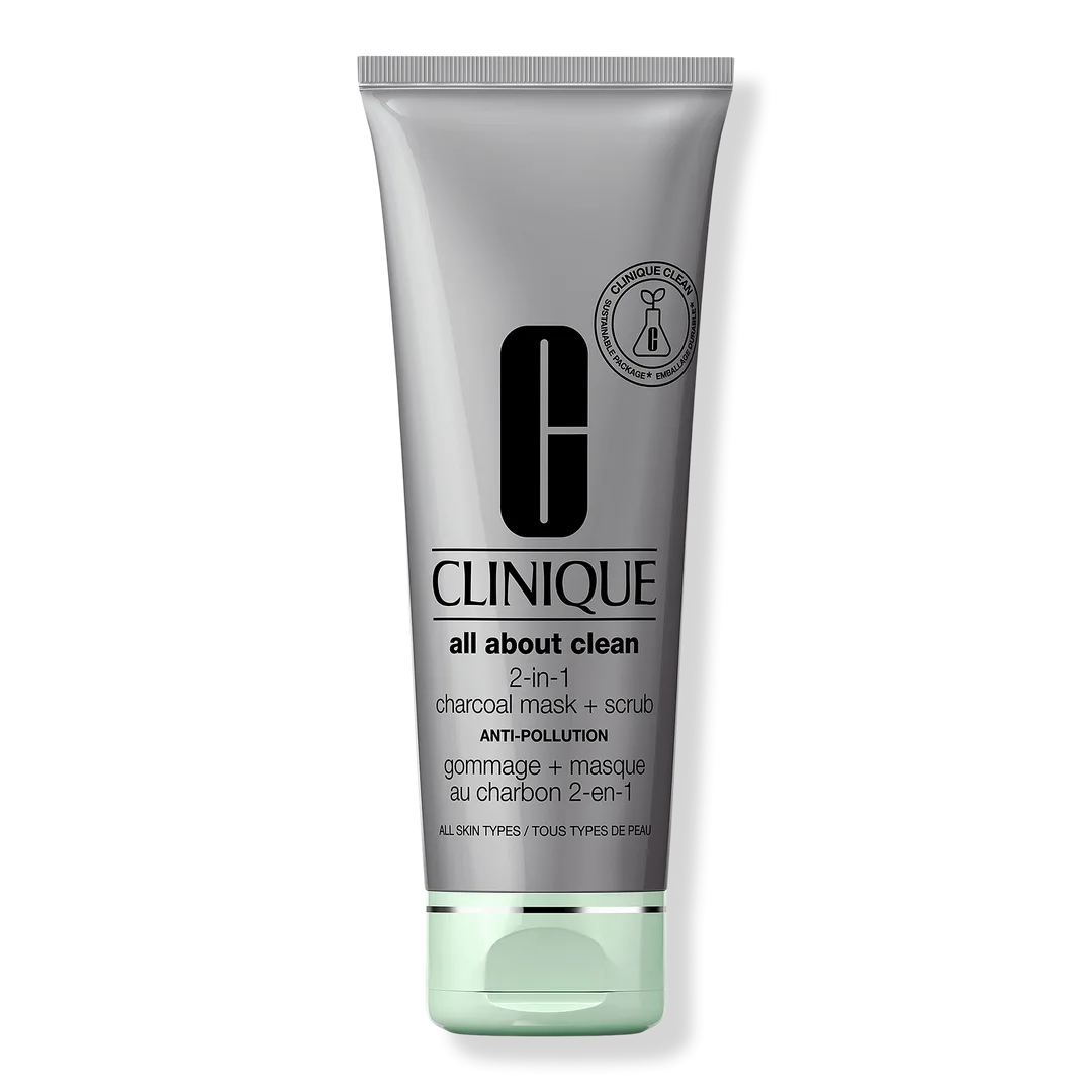 Clinique All About Clean 2-in-1 Charcoal Mask + Scrub in gray squeeze tube
