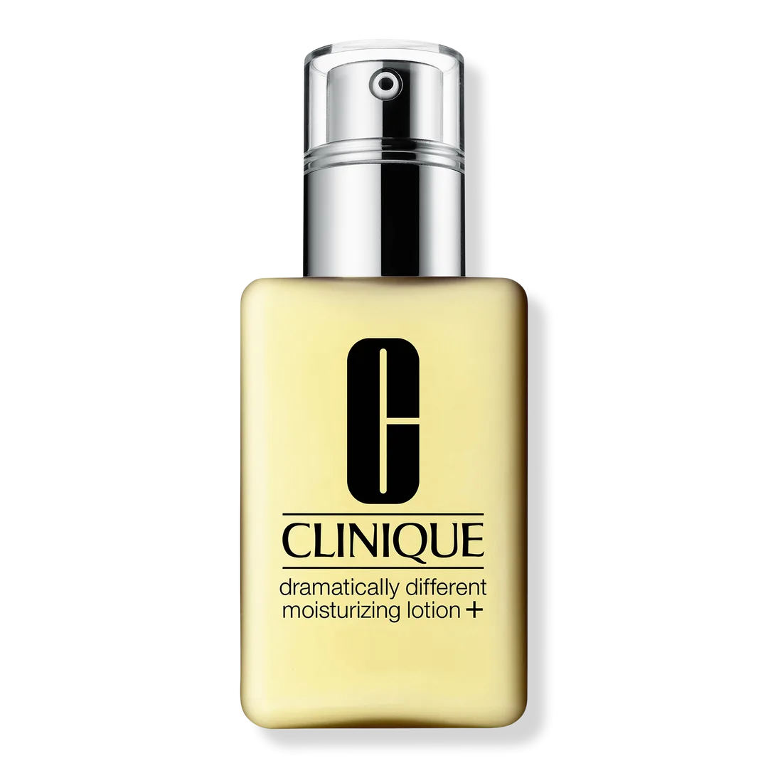 Clinique Dramatically Different Moisturizing Lotion+ in clear pump bottle showing iconic yellow lotion