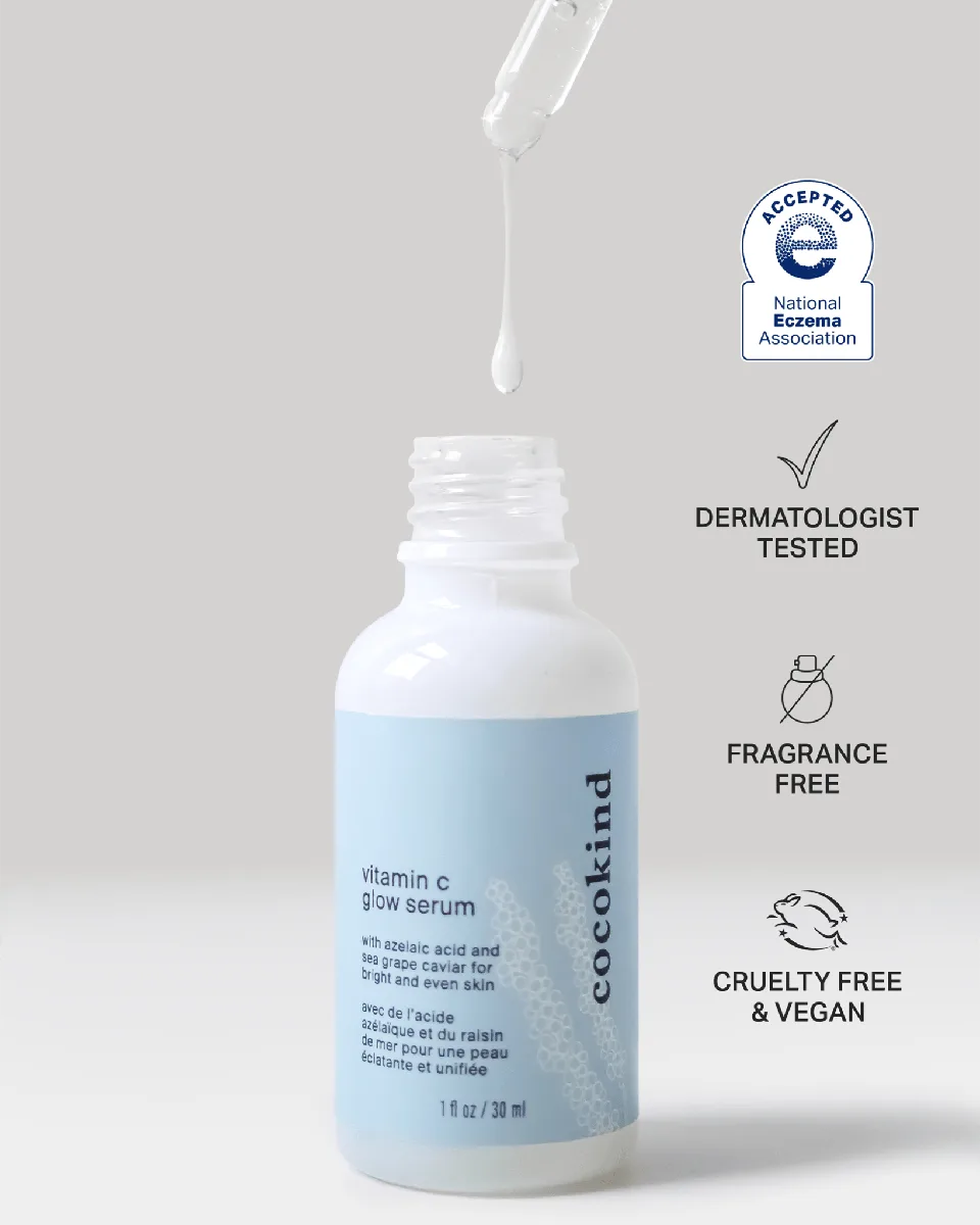 Cocokind Vitamin C Glow Serum glass dropper bottle with minimalist branding