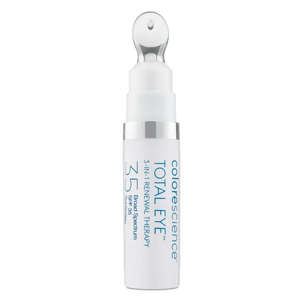 Colorescience Total Eye 3-in-1 Renewal Therapy SPF 35 tinted mineral eye cream in a slim tube with cooling metal applicator tip