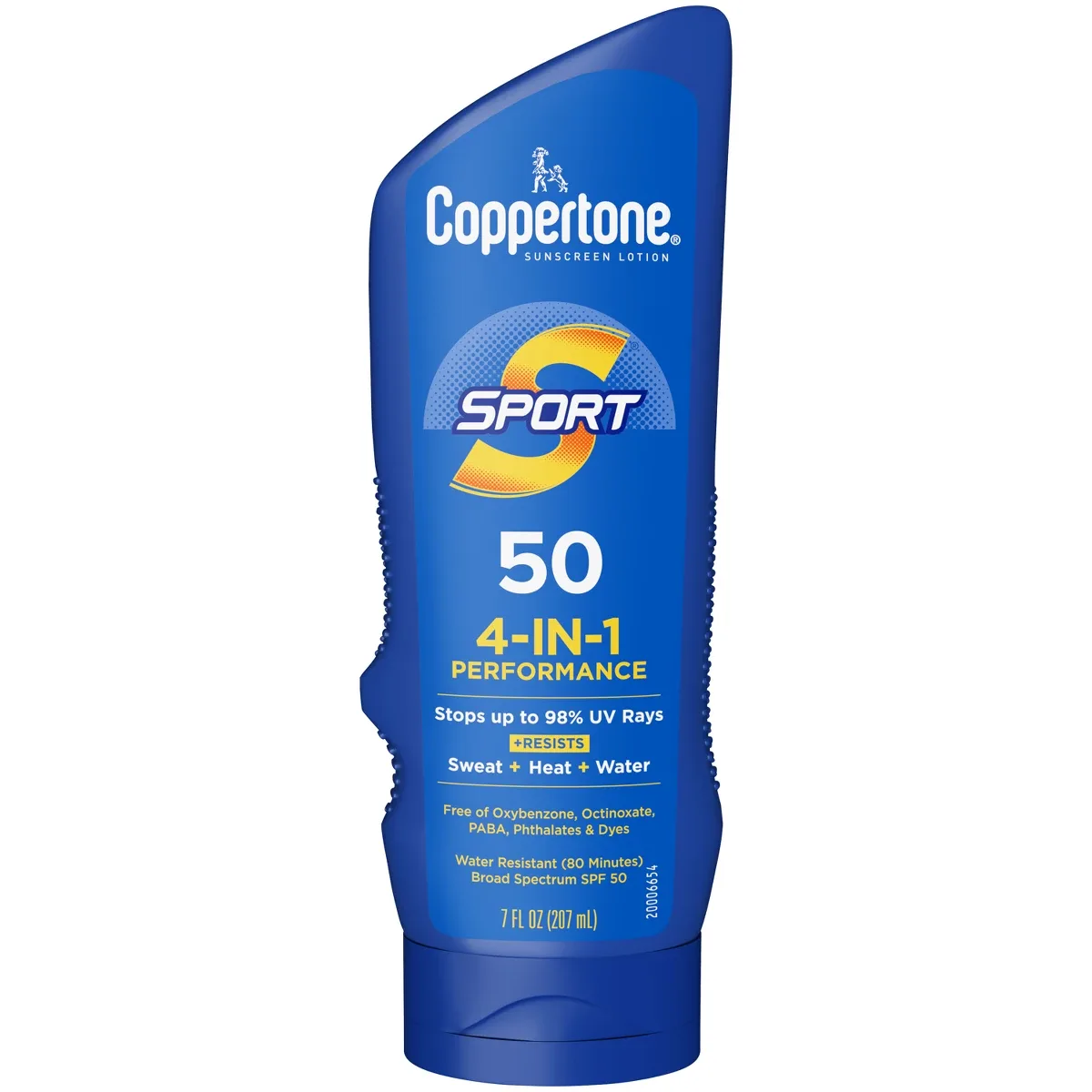 Coppertone Sport Sunscreen Lotion SPF 50 in blue and yellow squeeze bottle