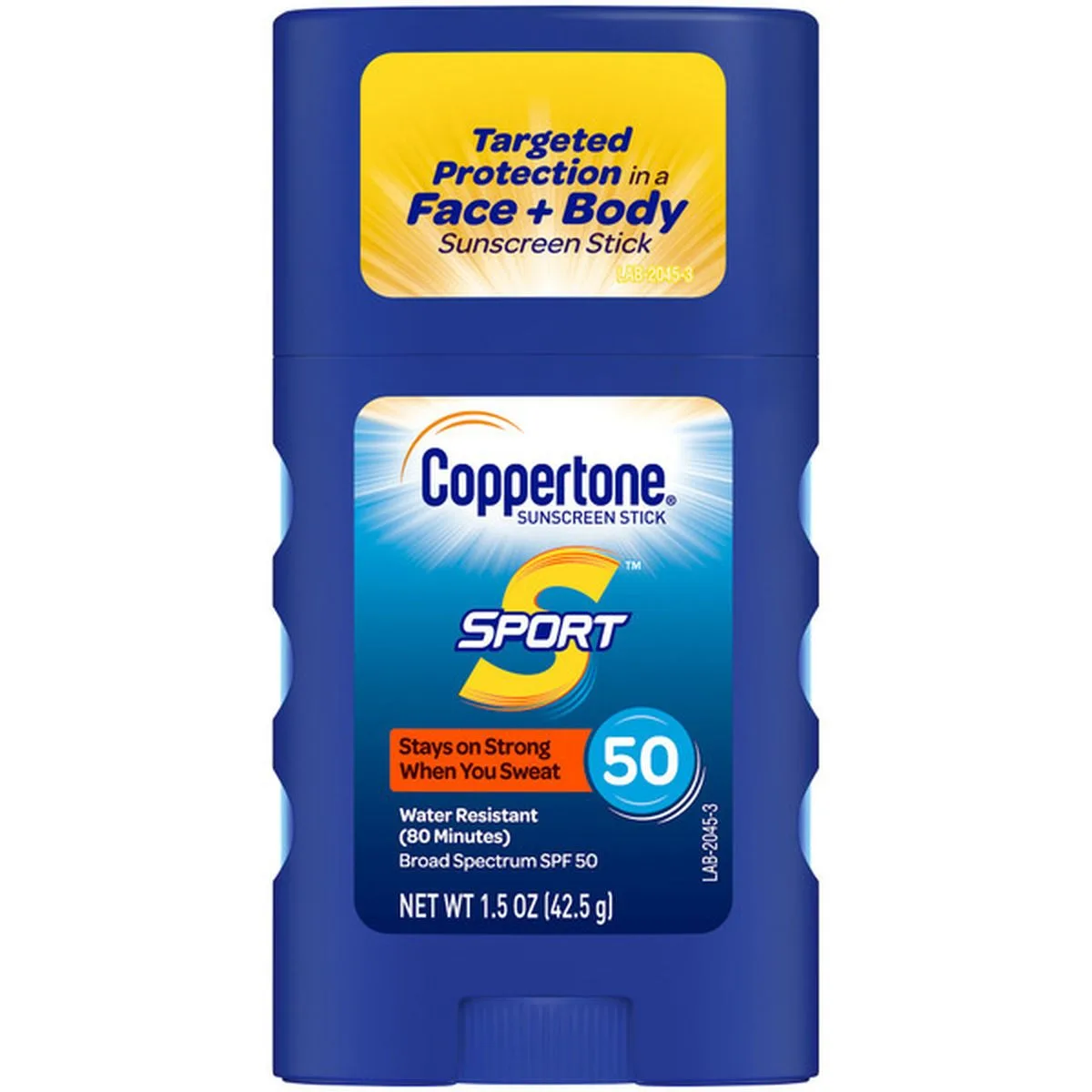 Coppertone Sport Sunscreen Stick SPF 50 twist-up tube in blue and yellow packaging