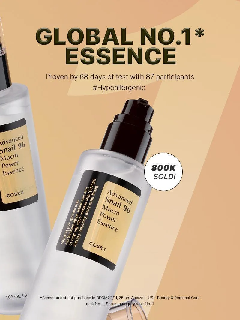 COSRX Advanced Snail 96 Mucin Power Essence in a white pump bottle with minimalist label design