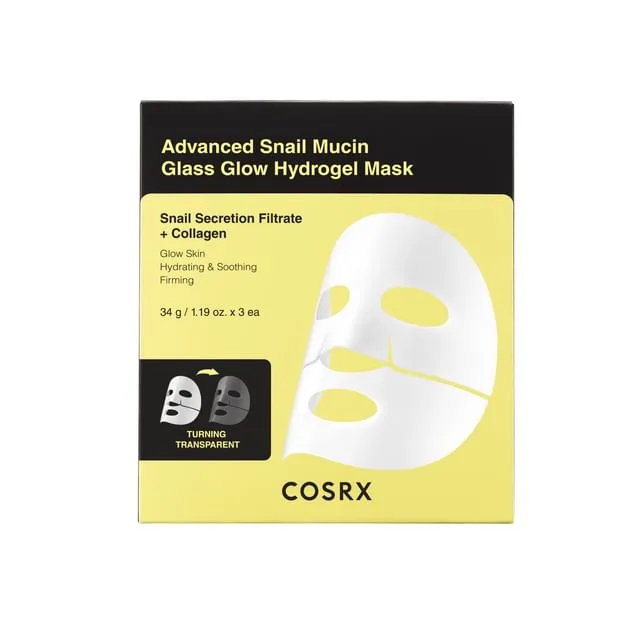 COSRX Advanced Snail Mucin Glass Glow Hydrogel Mask box with 3 individual mask packets