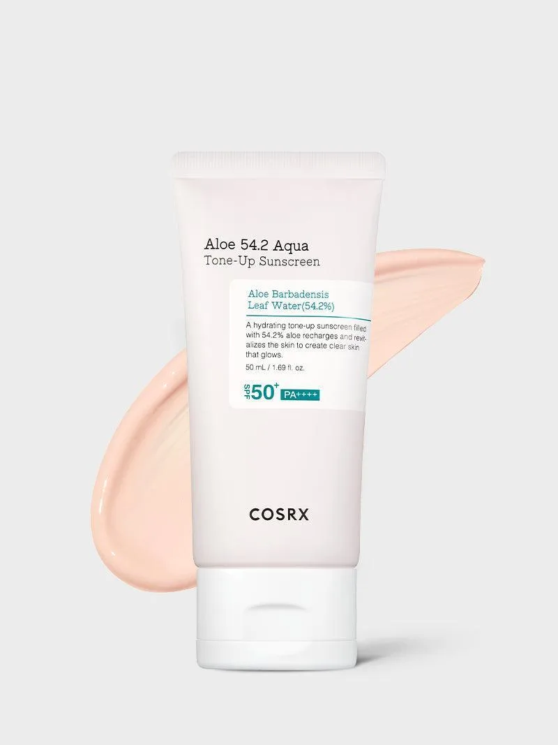 COSRX Aloe 54.2 Aqua Tone-up Sunscreen SPF 50+ in a white squeeze tube