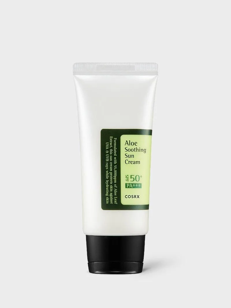 COSRX Aloe Soothing Sun Cream SPF 50 PA+++ in a white squeeze tube with green accents