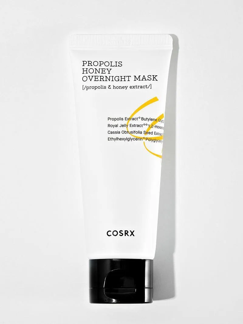 COSRX Full Fit Propolis Honey Overnight Mask in an amber-brown jar with propolis-colored gel-cream visible
