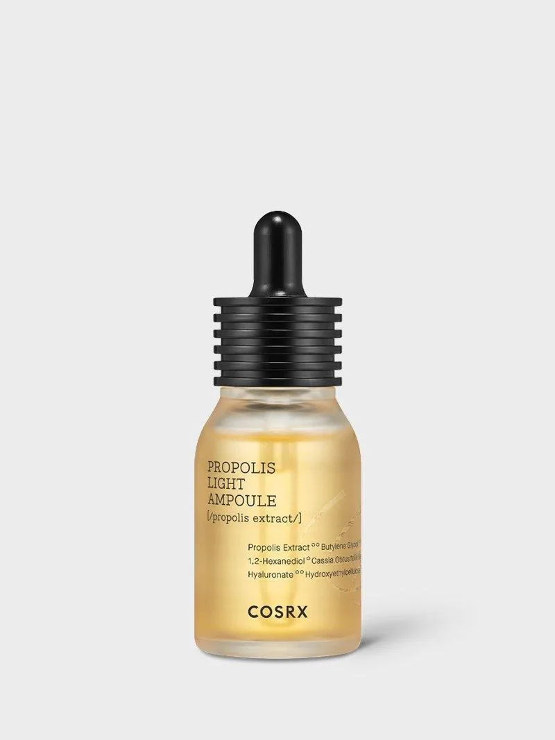 COSRX Full Fit Propolis Light Ampoule in an amber dropper bottle with honey-tinted propolis serum
