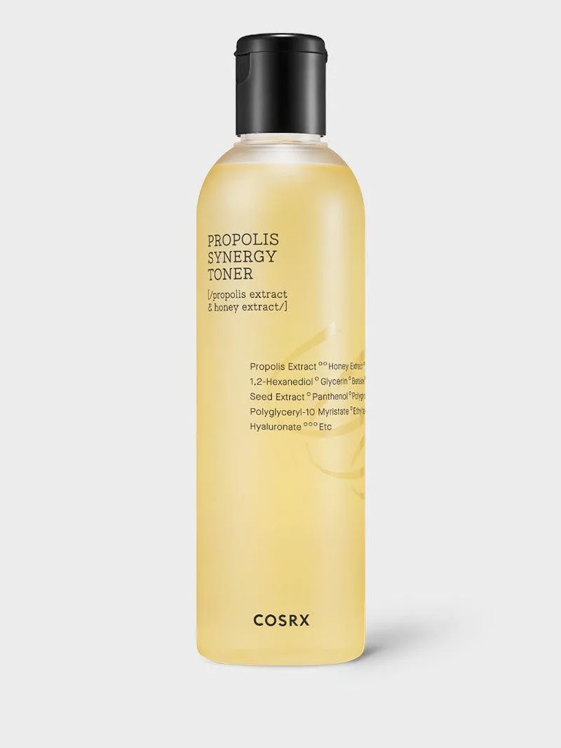 COSRX Full Fit Propolis Synergy Toner in a clear bottle with golden-tinted propolis liquid