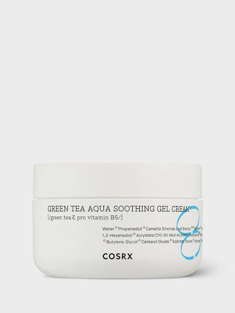 COSRX Hydrium Green Tea Aqua Soothing Gel Cream in a white cylindrical jar with minimalist label design