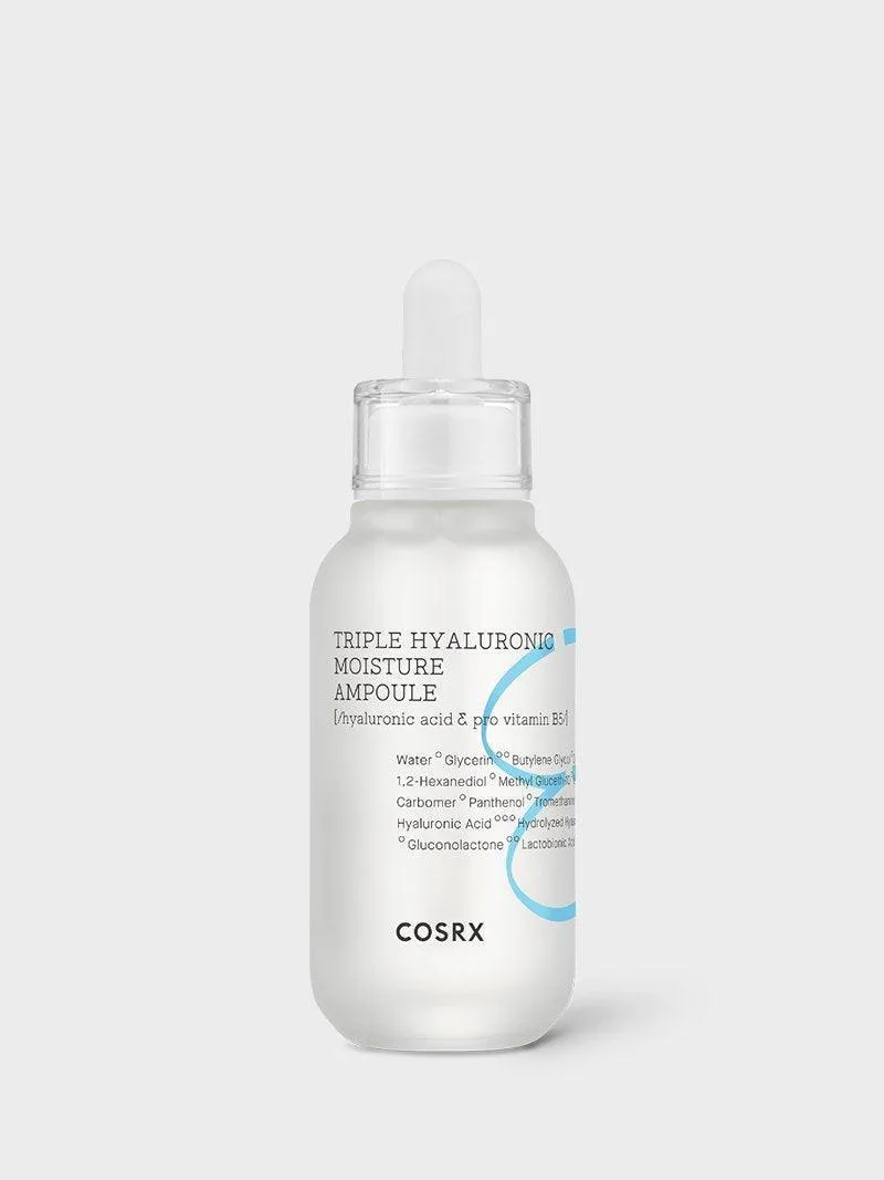 COSRX Hydrium Triple Hyaluronic Moisture Ampoule in a frosted glass dropper bottle with aqua-toned label