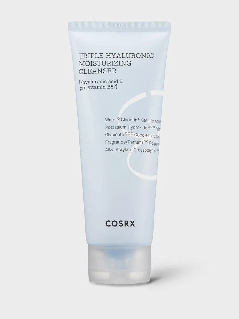 COSRX Hydrium Triple Hyaluronic Moisturizing Cleanser in a white squeeze tube with blue Hydrium line branding