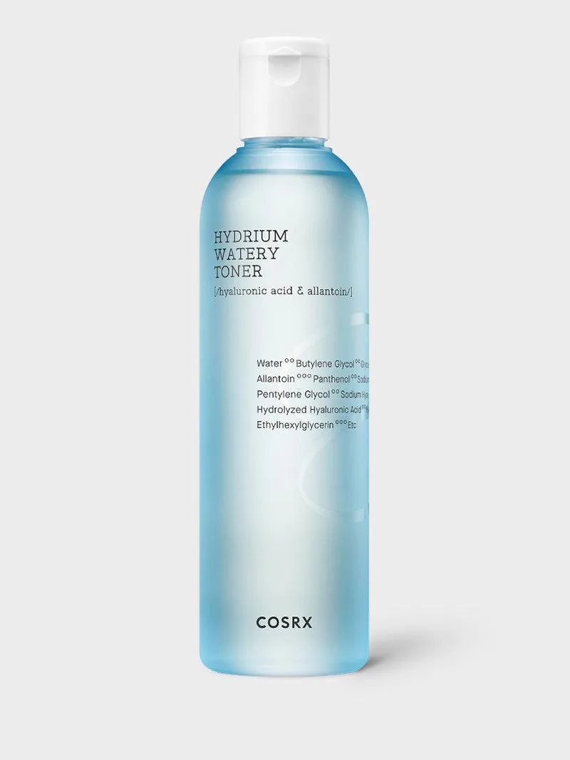 COSRX Hydrium Watery Toner in a light blue frosted plastic bottle with minimalist COSRX branding