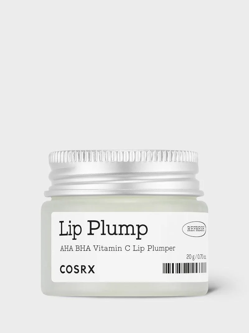 COSRX Lip Plump Refresh AHA BHA Vitamin C Lip Plumper in a small round jar with white and teal branding
