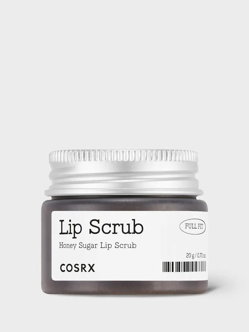 COSRX Full Fit Honey Sugar Lip Scrub in a compact jar showing the balm-like texture with visible sugar granules