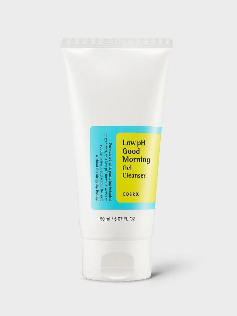 COSRX Low pH Good Morning Gel Cleanser in a white squeeze tube with minimalist COSRX branding