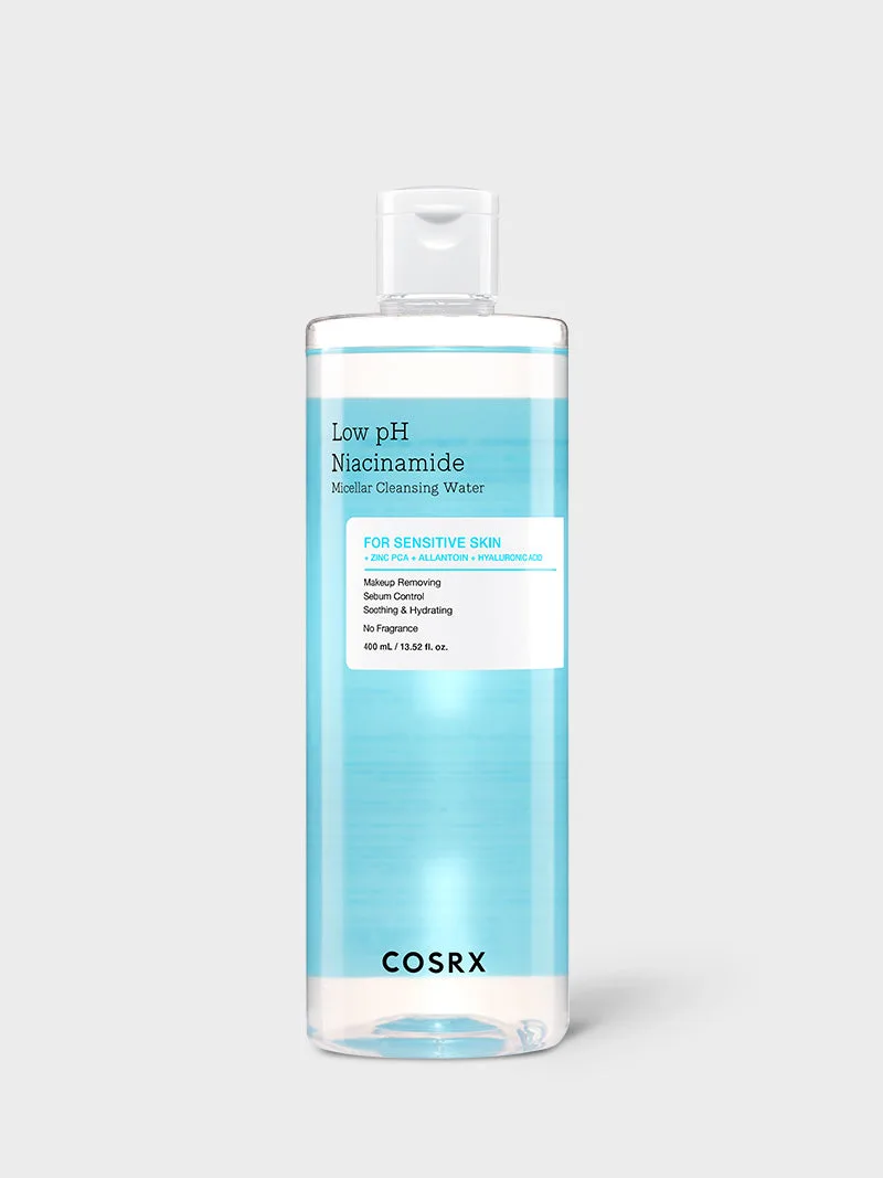 COSRX Low pH Niacinamide Micellar Cleansing Water 400ml bottle with minimalist white packaging