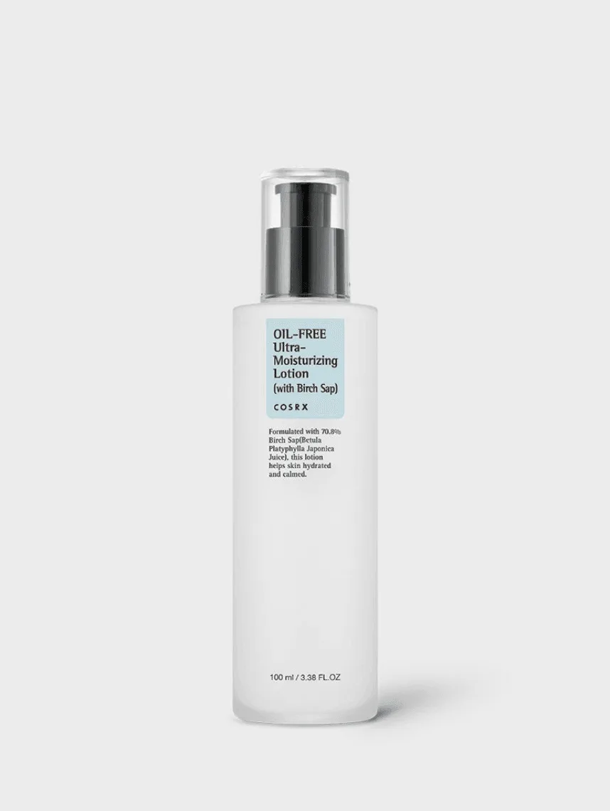 COSRX Oil-Free Ultra-Moisturizing Lotion in a white pump bottle with minimalist COSRX branding