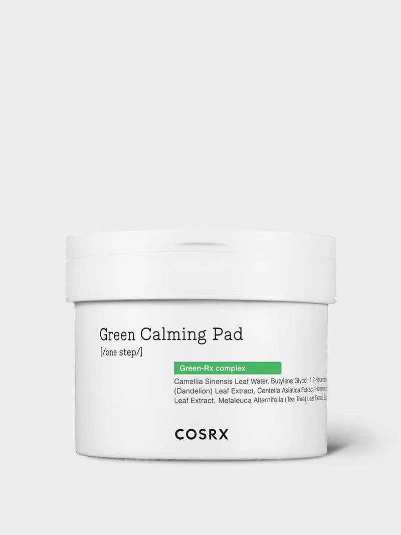 COSRX One Step Green Calming Pad in a round jar with green label, containing 70 pre-soaked toner pads