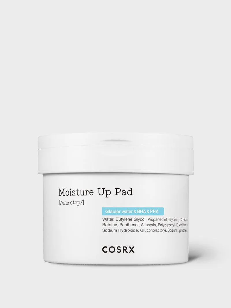 COSRX One Step Moisture Up Pad blue tub containing 70 dual-sided hydrating toner pads