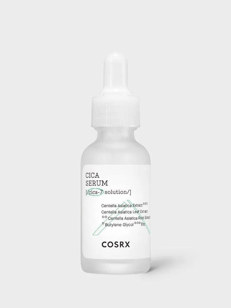 COSRX Pure Fit Cica Serum frosted glass dropper bottle containing 30ml of centella asiatica soothing serum
