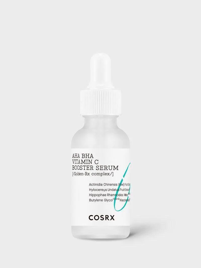 COSRX Refresh AHA/BHA Vitamin C Booster Serum in an amber glass dropper bottle