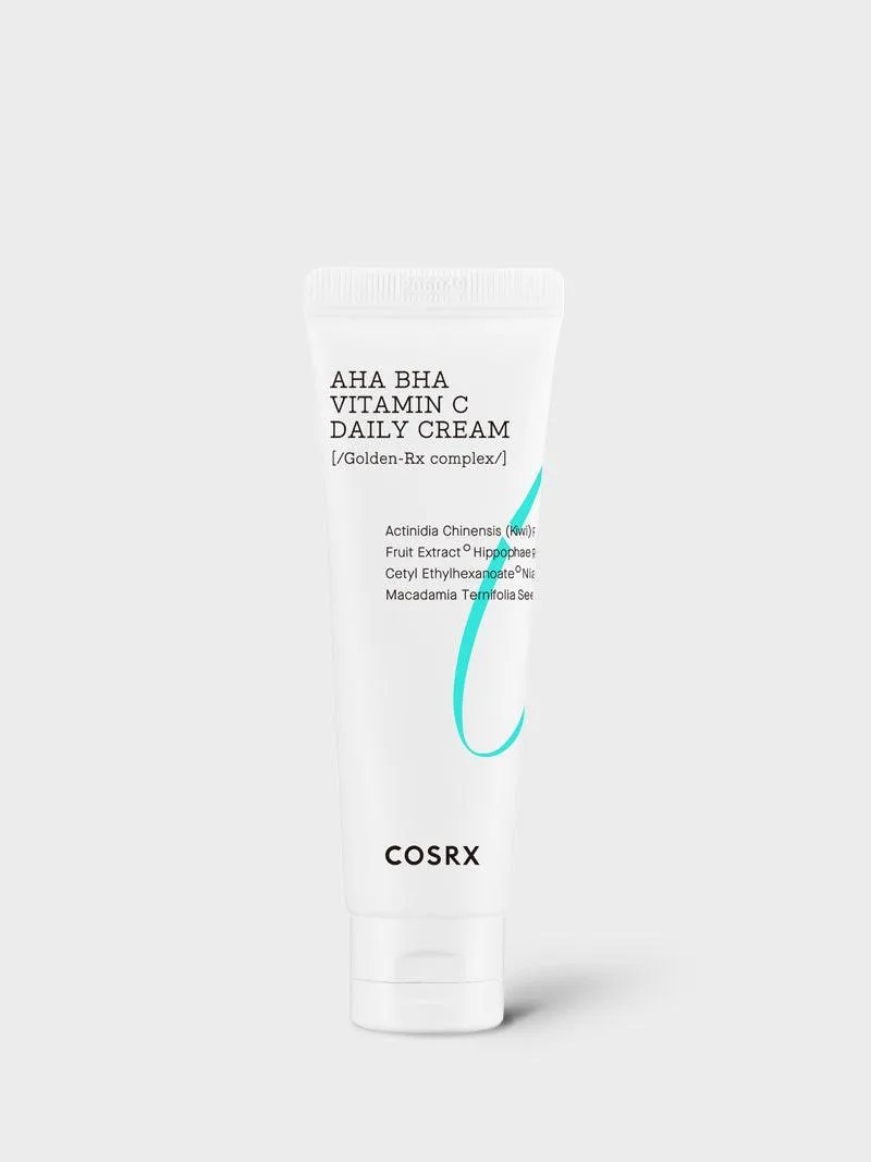 COSRX Refresh AHA/BHA Vitamin C Daily Cream in a white jar with teal accents