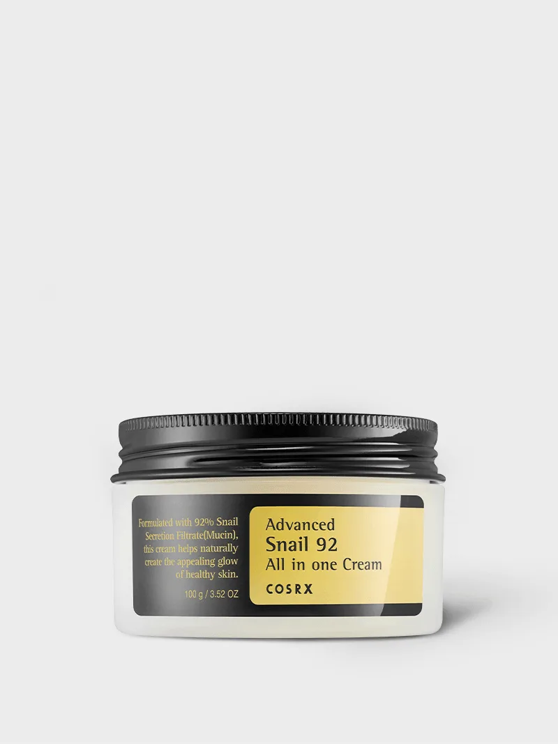 COSRX Advanced Snail 92 All in One Cream in a frosted jar with black lid