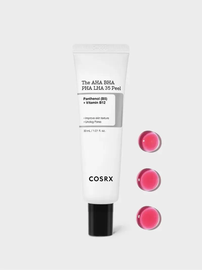 COSRX The AHA BHA PHA LHA 35 Peel bottle showing distinctive pink gel formula