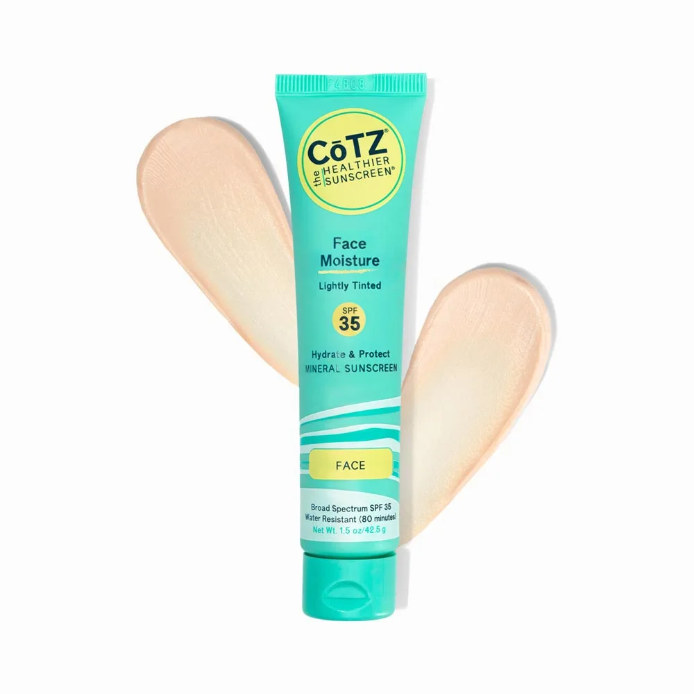 Cotz Face Moisture SPF 35 Lightly Tinted 1.5 oz squeeze tube, mineral sunscreen with iron oxides for melasma and visible-light protection